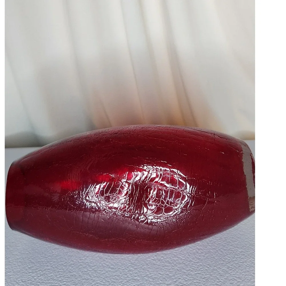 Ruby Red Crackle Glass Vase Decorative Bulbous Hand Blown Floral Vessel